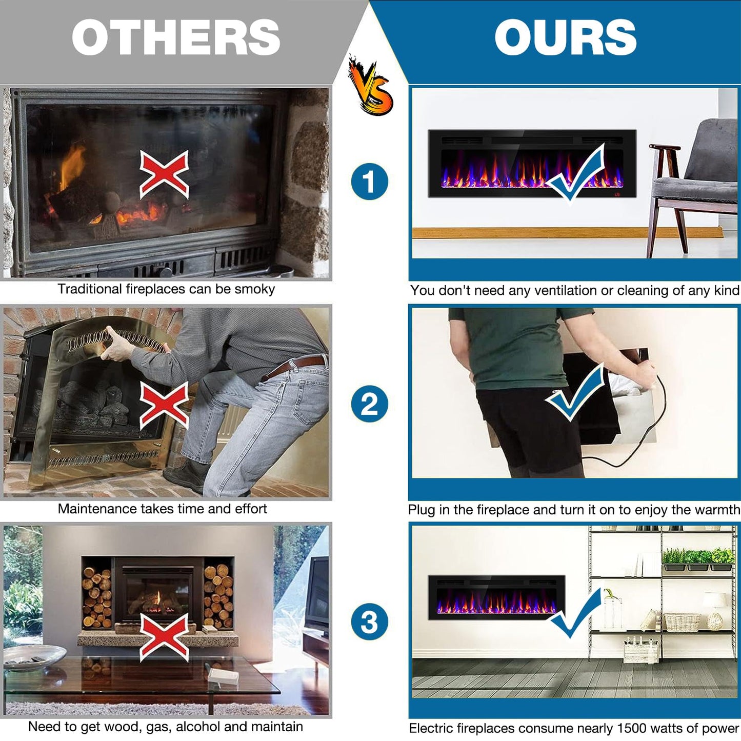 50 Inch Electric Fireplace Recessed and Wall Mounted, Fireplace Heater and Linear Fireplace, Ultra-Thin Electric Fireplace, Low Noise, with Timer, Remote Control, Adjustable 12 Flame Color, 750/1500W