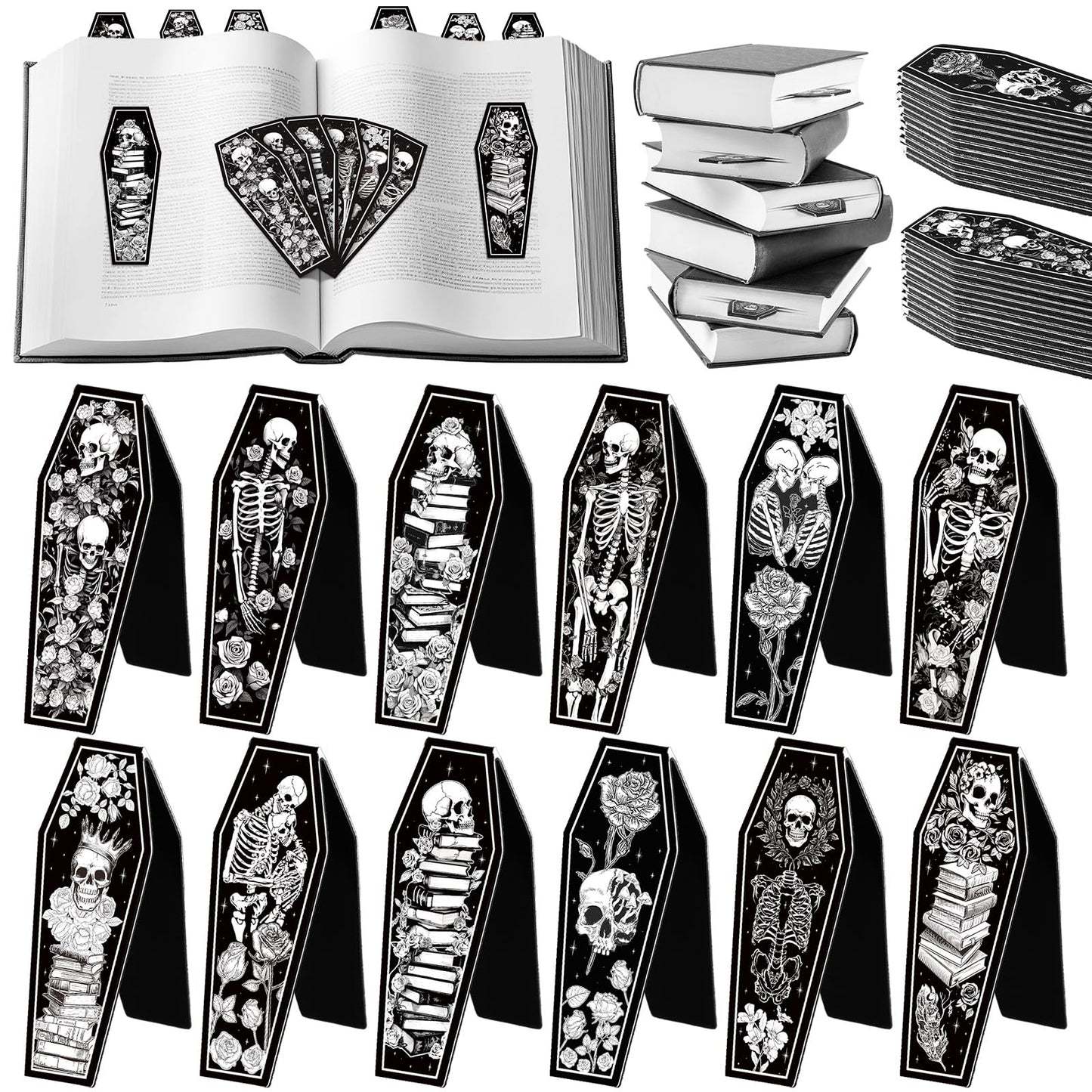 Clabby 48 Pcs 12 Style Mini Size Gothic Skeleton Coffin Magnet Bookmarks with Magnet Halloween Gothic Book Marker Holiday Gift for Book Lovers Bookworm Bookish