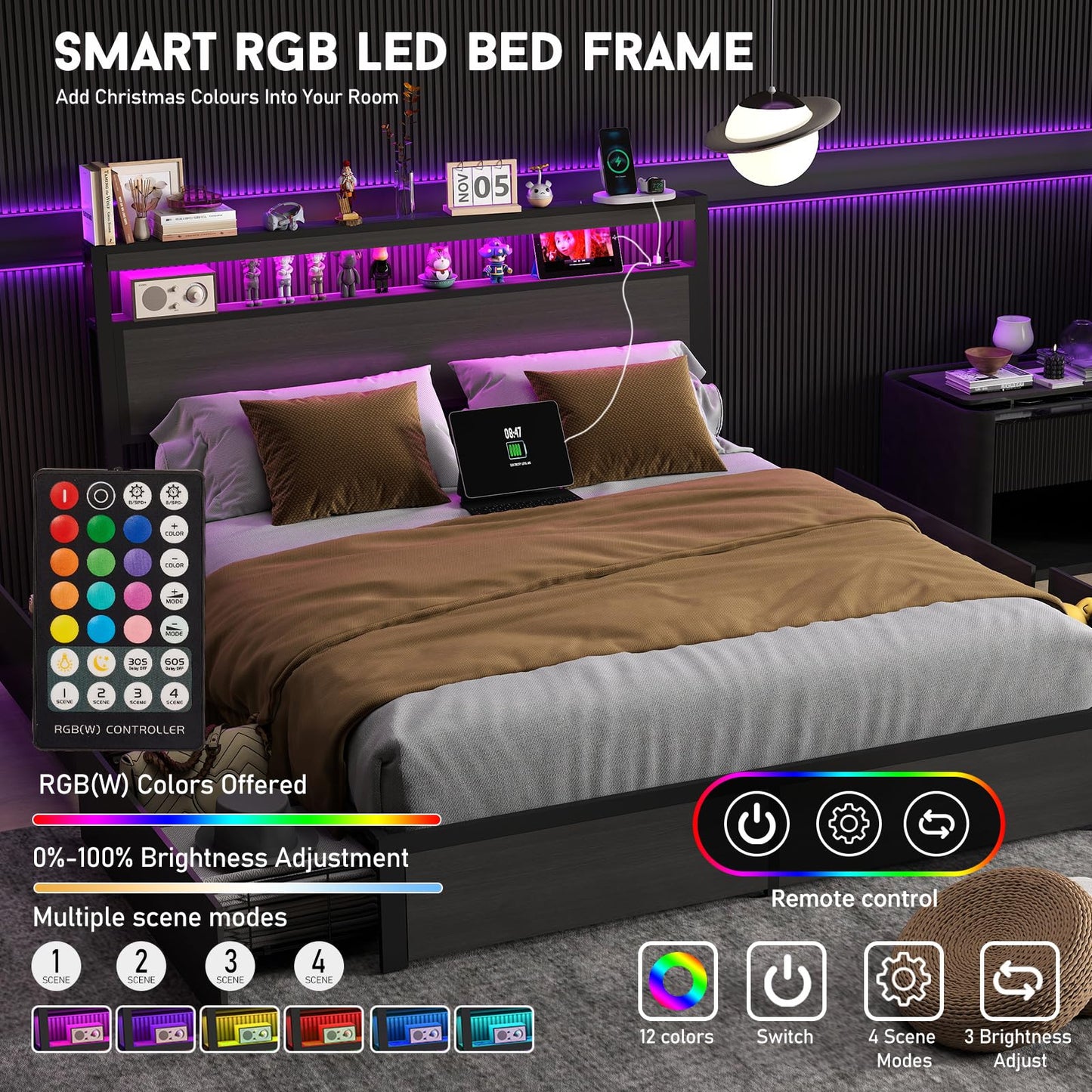 EVBFORU Queen Bed Frame with Storage Headboard and 4 Drawers, Metal Platform Bed Frame with LED Light, Charging Station, No Box Spring Needed, Noise Free, Easy Assembly, Rustic Grey