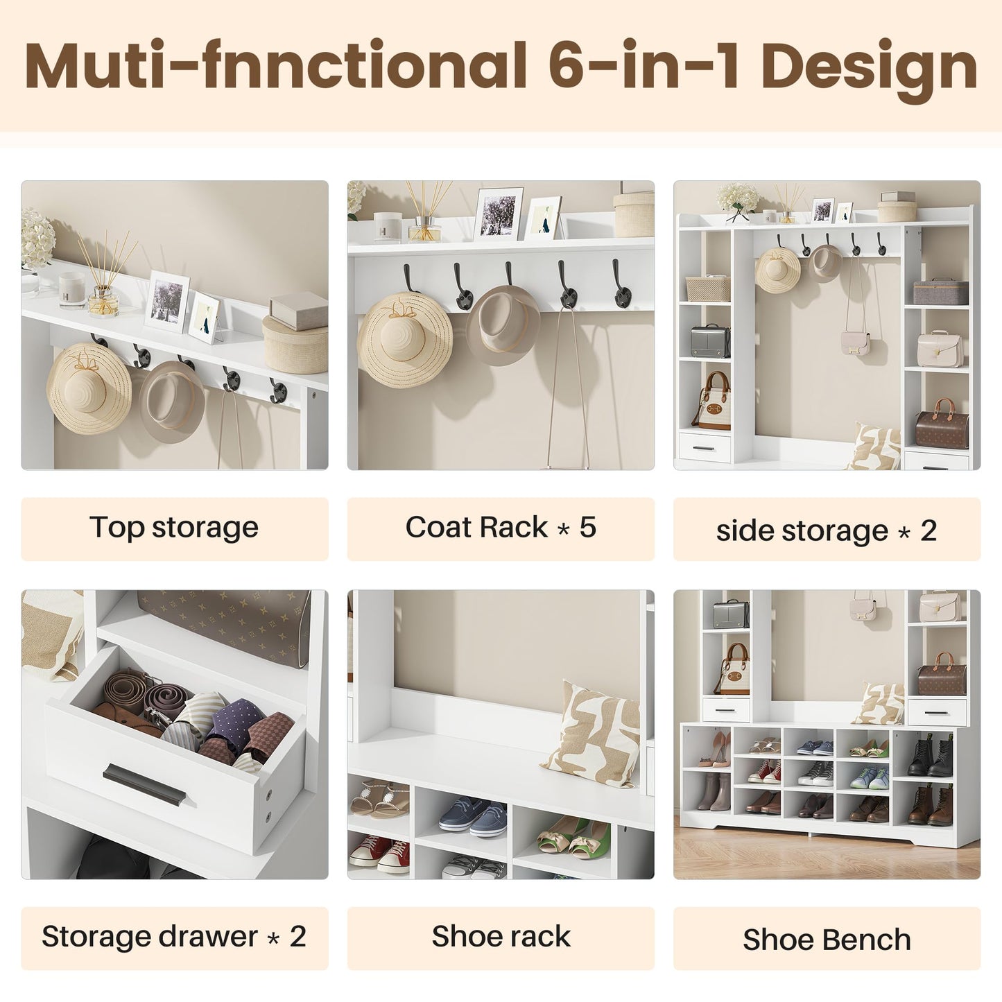 Nosepen 61.6" H White Hall Tree with Bench and Shoe Storage, 6-in-1 Multi-Functional Entryway Bench with 2 Drawers, 5 Coat Racks, Shoe Rack with 13 Shoe Cubbies, Entryway Storage Organizer, White