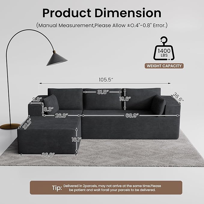 106" Cloud Sectional Boneless Couches for Living Room, Modular L Shaped Couch with Deep Seat Oversized Left Facing Chaise, Memory Foam Compressed Spineless 3 Seater Sofa for Bedroom Apartment, Grey