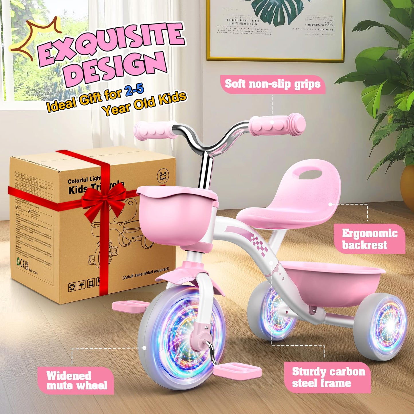 Toddler Tricycle for 1-3 3-5 Year Olds, Toddler Toys Baby Bike, Toys for Ages 2-4, 3-Level Adjustable Seat, 3 Colorful Lighting Wheels, 2 3 4 5 Year Old Girl Birthday Gifts Pink