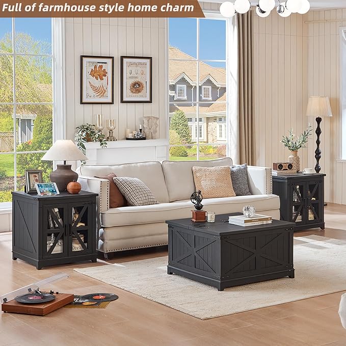 Farmhouse Coffee Table Sets 3 Pieces, Large End Side Tables with Charging Station and Coffee Table with Hidden Storage Compartment, Black Living Room Table Set, Wood Furniture Sets for Home Office