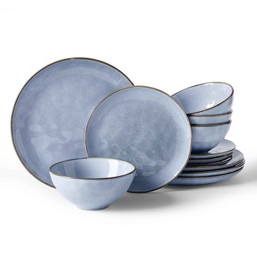 Famiware Dinnerware Sets for 4, Ocean Round 12-Piece Kitchen Plates and Bowls Sets, Reactive Glaze, Microwave and Dishwasher Safe, Scratch Resistant, Blue