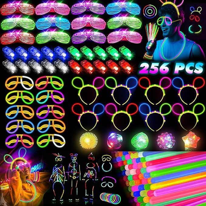 HONLYNE Glow in the Dark Supplies for Kids Adults, Light Up Party Favors, 56 LED Light Up Toys, 100 Glow Sticks Bulk Party...