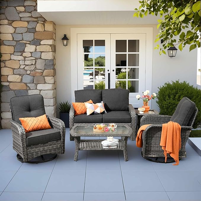 CAODOC 5 Pieces Patio Furniture Set,Outdoor Furniture with Rockers, Rattan Conversation Sets w/Coffee Table, Grey Wicker Black Cushion
