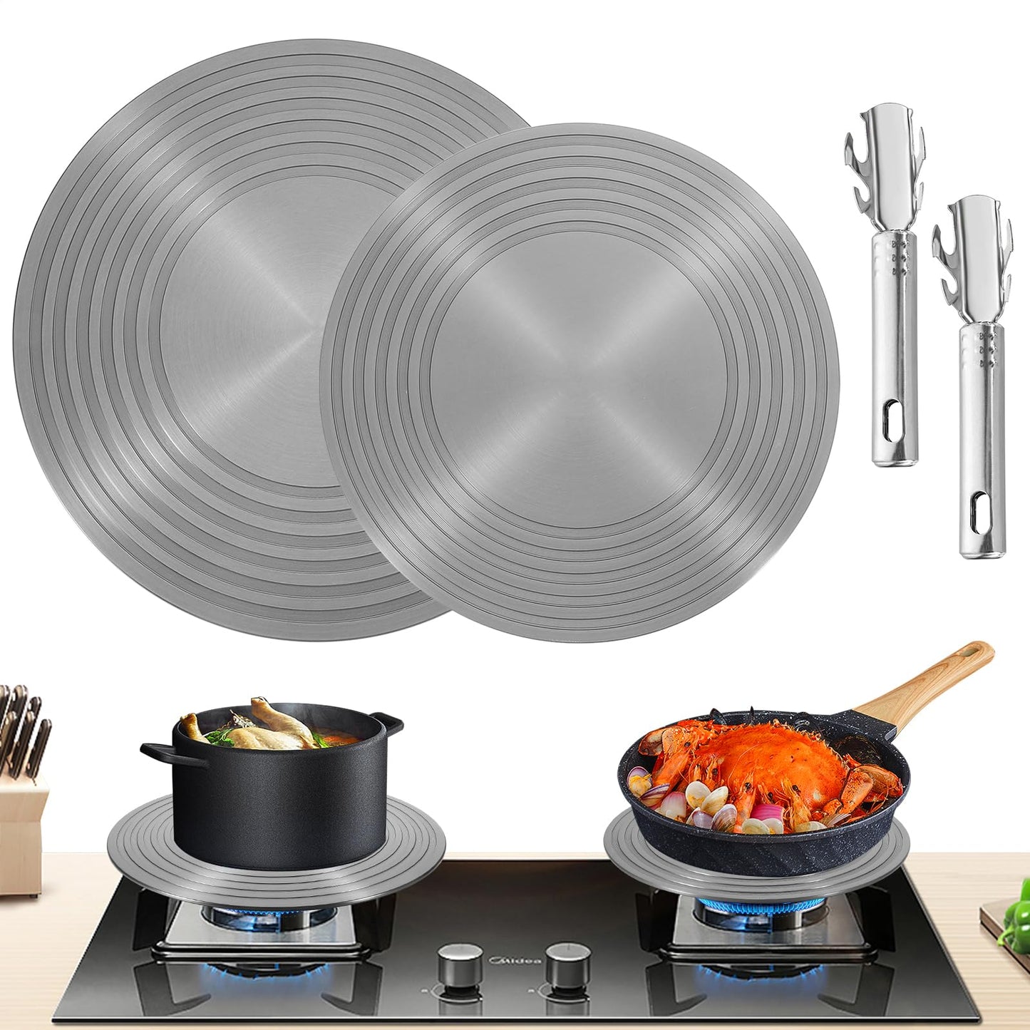 2 Pack Gas Stove Heat Diffuser Plate, Round Fast Defrosting Tray Aluminum Non-Stick Coating Cookware Simmering Thawing Plate Conduction Multifunctional, Flame Guard Protection Stovetop (9.3'' & 11'')