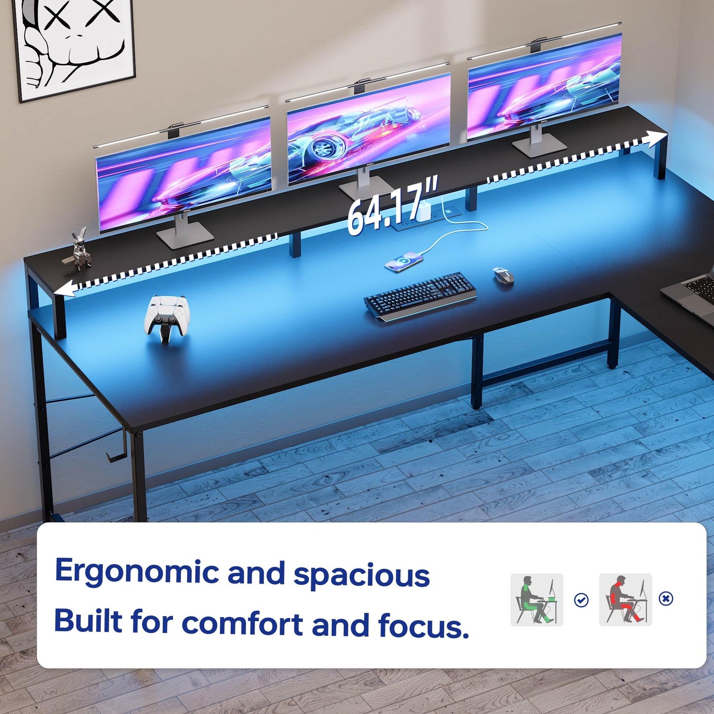Pamray 64 Inch L Shaped Gaming Desk with Power Outlets and Led Lights, Large Corner Computer Desk with Monitor Stand and Pegboard, PC Table for Home Office and Bedroom Black