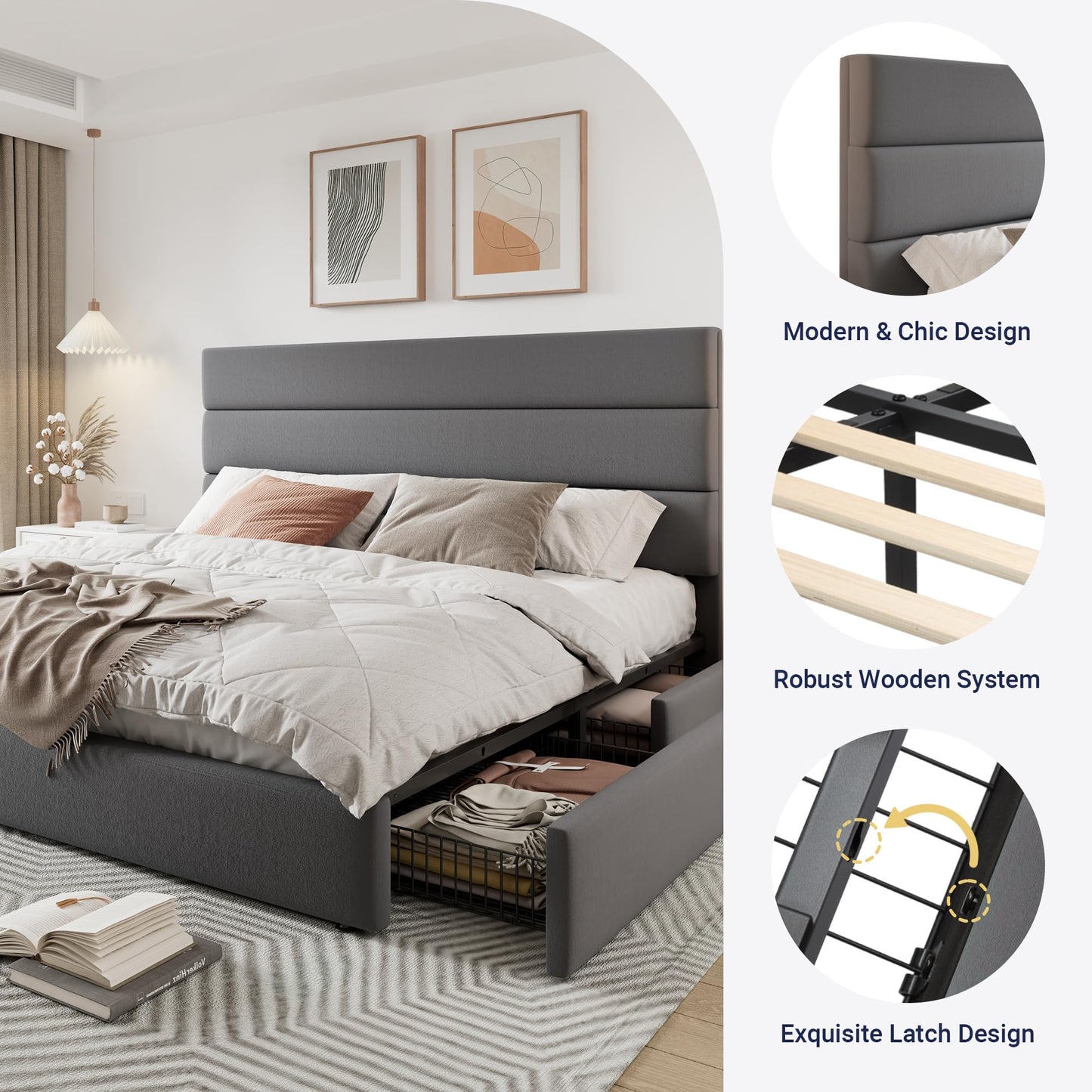 Allewie Modern King Size Platform Bed Frame with 4 Storage Drawers and Velvet Upholstered Headboard, Wooden Slats Support, Upholstered Mattress Foundation/No Box Spring Needed/Easy Assembly, Grey