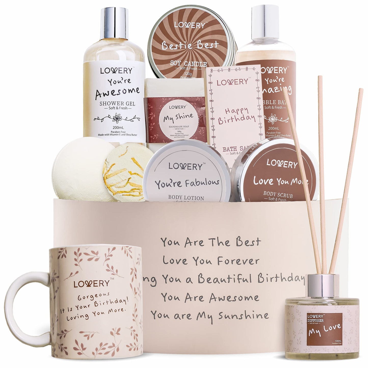 Birthday Gifts for Women, Birthday Gift Basket, Bath and Spa Gift Set for Women, Luxury Birthday Spa Gift Box, Vitamin E & Shea, Rich Bath Essentials in Coconut Scent, Happy Birthday Mug & More