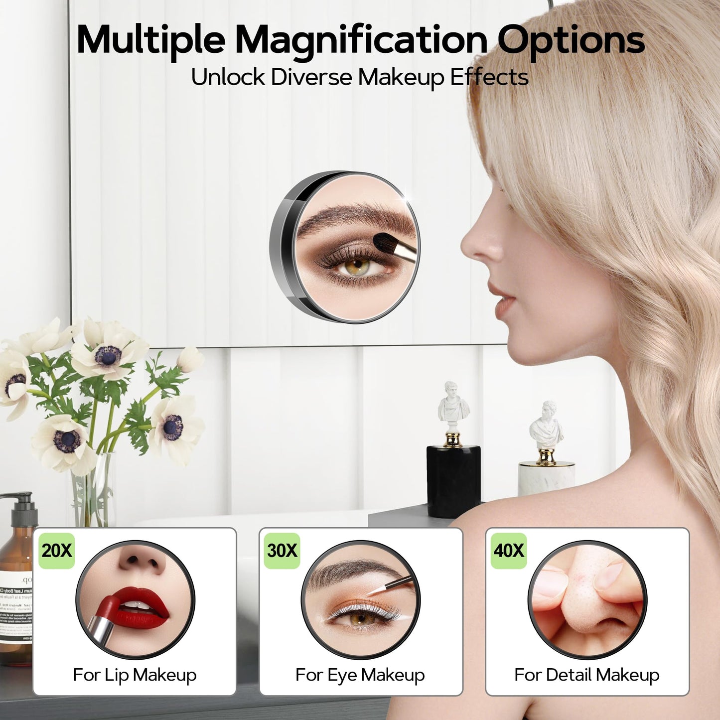 MIYADIVA Magnifying Mirror Set, 20x&30x&40x Suction Cup Makeup Mirror, 2 Tweezers & Storage Bag, 3.5 Inch Compact Mirror for Tra