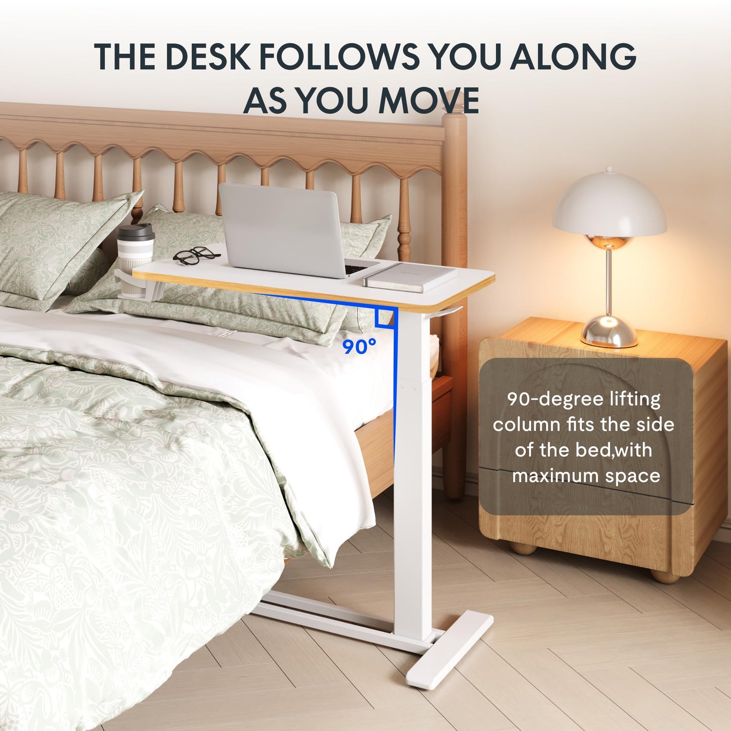 FLEXISPOT Mobile Standing Desk with Wheels Pneumatic Laptop Desk Rolling Computer Cart Movable Height Adjustable Small Sit Stand Desk Computer Workstations Home Use（27.6" W x 15.7" D,White+Maple