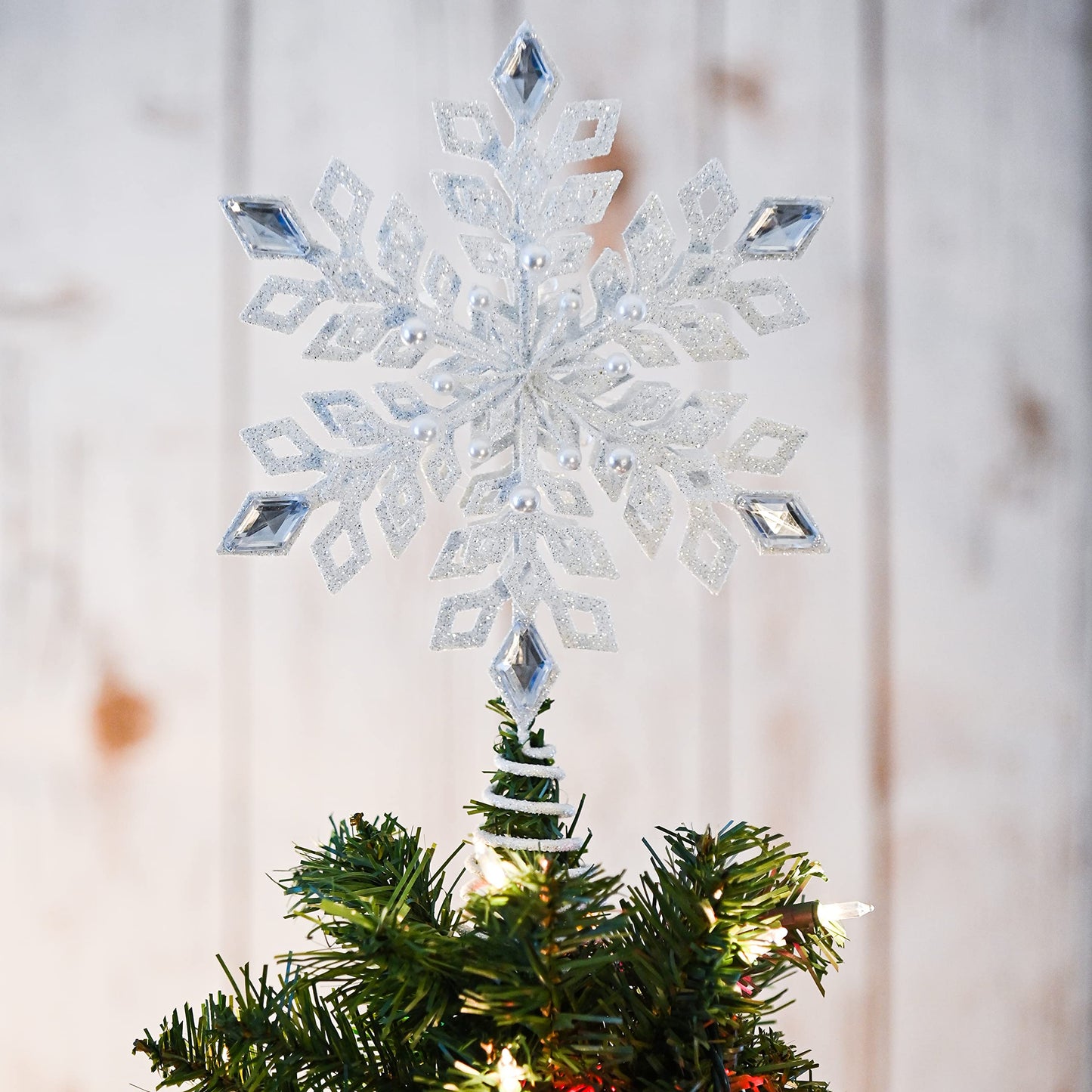 Ornativity Glitter Snowflake Tree Topper - White Sparkling Jewel Snow Flake Christmas Decor Tree Top Xmas Holiday Decoration with Gem Design 11.5"
