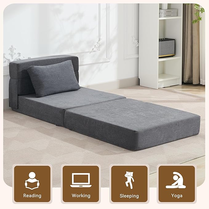 WUTUTUEE Folding Sofa Bed Convertible Floor Couch Foldable Chair Bed with Pillow，Linen Sleeper Chair Futon,Foldable Memory Foam Mattress for Bedroom/Living Room/Dorm/Office (Dark Grey, Single)