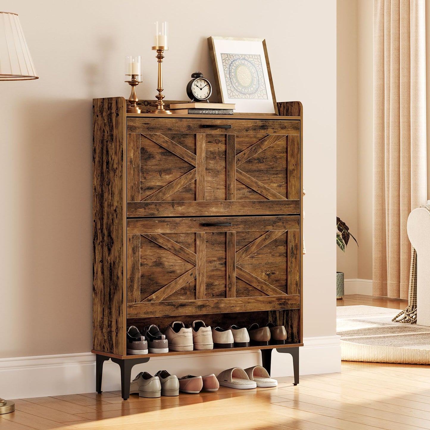 MAHANCRIS Shoe Storage Cabinet, Shoe Organizer with 2 Flip Drawers, Hidden Shoe Storage for Entryway, Freestanding Organizer with Open Storages, Rustic Brown SHHR9401N1