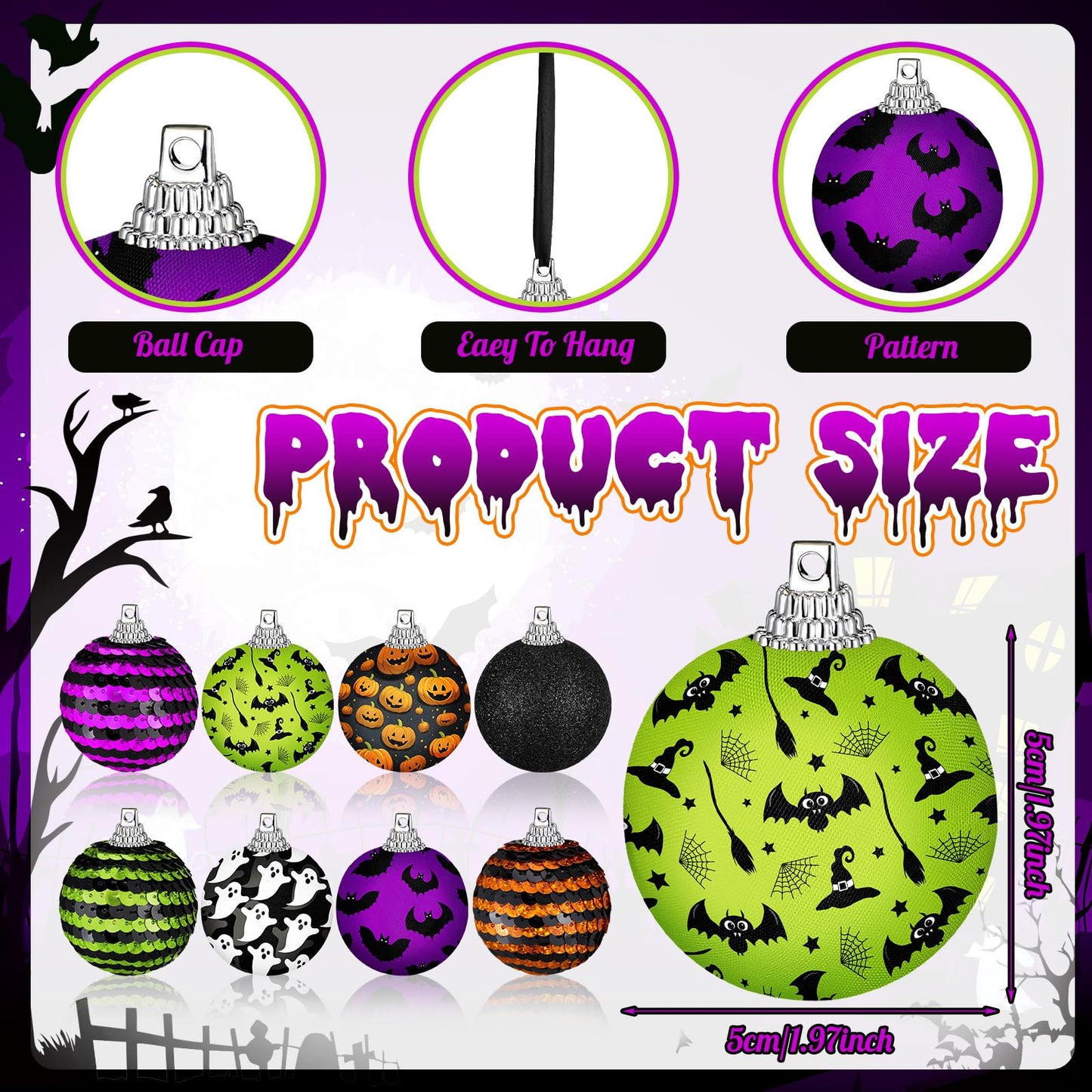 Zeyune 16 Pcs Halloween Ball Ornaments for Tree 2 Inch Halloween Tree Decorations Pumpkin Ghost Bat Spider Glitter Ornaments with Sequins for Holiday Party Hanging Decorations (Spooky Style)