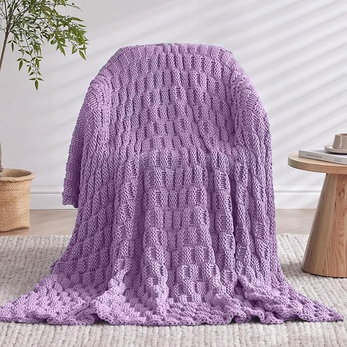 Knitted Weighted Blanket Adult, No Beads Heavy Blanket 50” x 60'' 5lbs, Breathable Chunky Knit Blanket, Cooling Weighted Blanket for Hot Sleepers, Christmas Home Decor (Lilac)