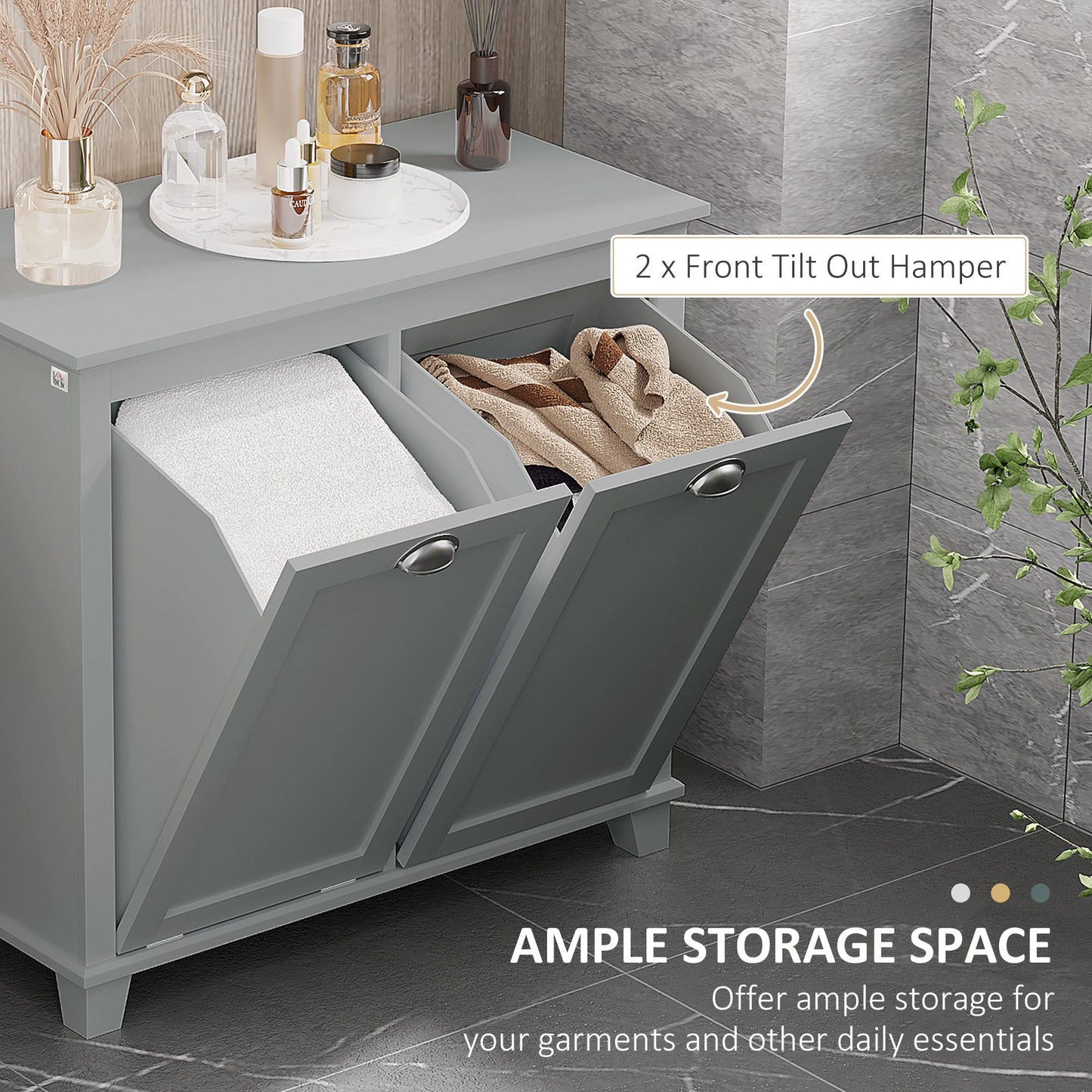 Tilt-Out Laundry Sorter Cabinet, Gray - Bathroom Floor Cabinet, Two-Compartment Hamper Organizer