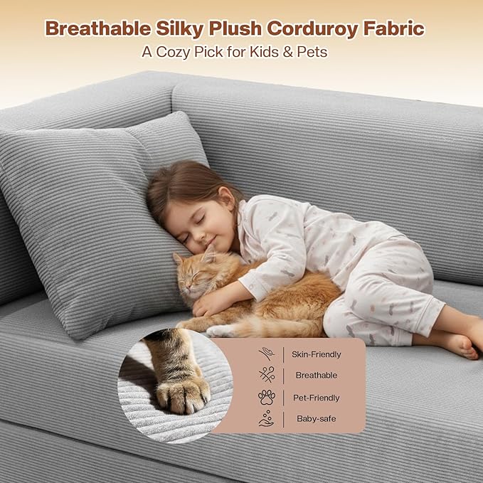 Kelyda 79 Inch Convertible Sofa Bed Couch in Box, 5 in 1 Folding Modular Boneless Couch with Pull Out Bed 2 Pillows, Soft Corduroy Floor Futon Lounge Loveseat Sleeper Lazy Cama No Assembly Light Grey