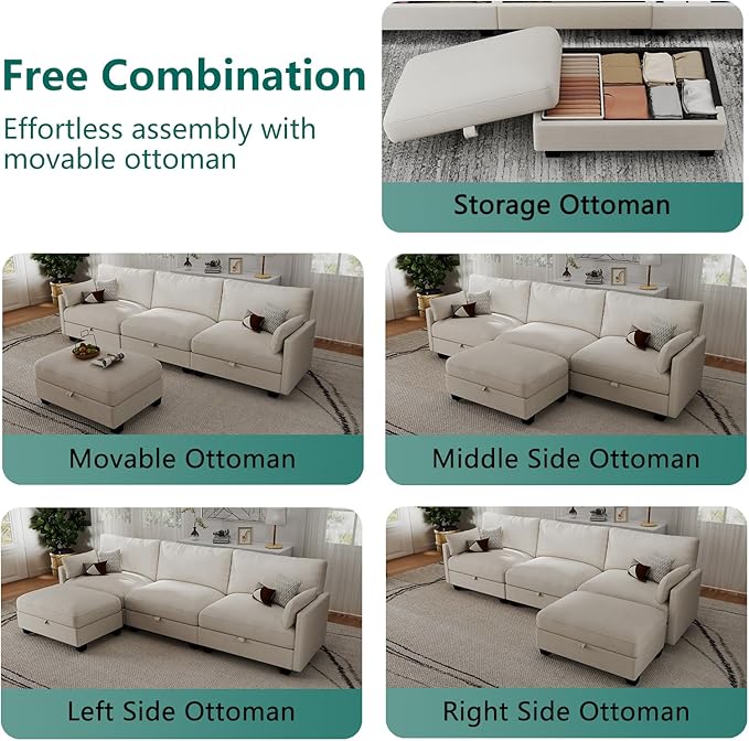 OhaiAura Modular Sectional L Shaped Sofa Couches for Living Room, Cloud Couch with Storage Ottoman, Comfy Chenille Sofa with Pillow, Beige