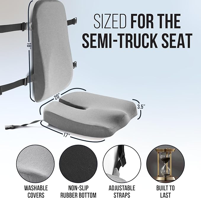Elmara Doctor-Designed Semi-Truck Seat Cushion for Truck Driver – The Ultimate Comfort Solution for Long-Haul Drivers – Trucker Seat Cushion & Back Support – 2-Piece Ergonomic Set (Gray)