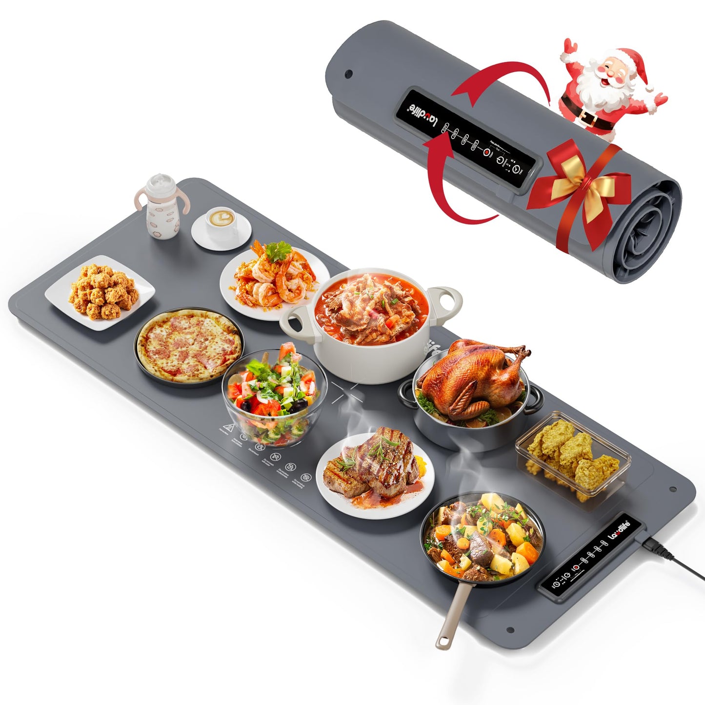 Extra Large Food Warming Mat for Countertop (XXL 36”x16”) - Full-Surface Heating Pad with 4 Temps Settings, Ideal for Buffet Party Food Warmer, Roll-Up Electric Warming Tray for All Gathering, Gray