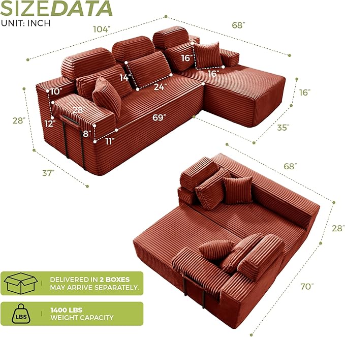 104" L-Shaped Cloud Modular Sectional Sofa with Chaise & Headrest, Boneless Deep Seat Plush Corduroy Couches for Large Living Room, No Assembly Required (Orange, 104" L-shapred Chaise)