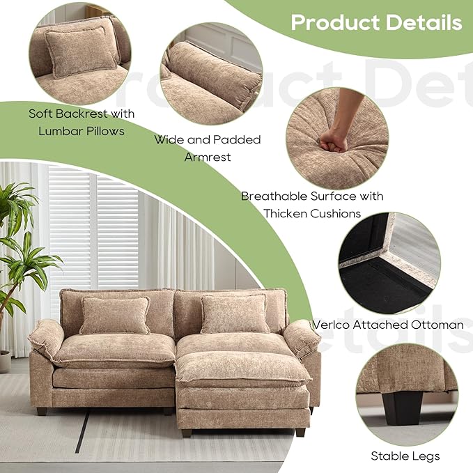 Oprisen 86" Modular Sectional Sofa, Comfy Cloud Couch Sectional Sofa with Ottoman, Chenille Sofa Sleeper Deep Seat Sofa with Throw Pillows for Living Room (Khaki, 86"- L Shape)
