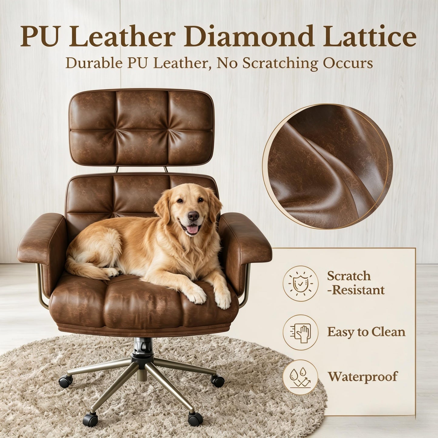 Marsail Executive Office Chair, PU Leather Ergonomic Desk Chair with Thick Cushion & Lumbar Support, Mid-Century Modern Swivel Computer Chair for Home Office, Brown