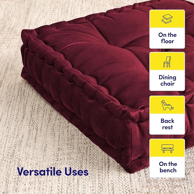 Floor Pillow Large Square Tufted Decorative Cushion 20" x 20" Faux Velvet Fabric Ultra Thick Fill for Kids and Adults, 2 Pack, Burgundy Red