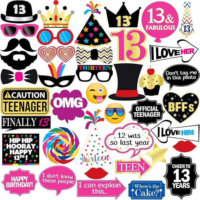 13th Birthday Photo Booth Party Props - 40 Pieces - Funny Official Teenager Birthday Party Supplies, Decorations and Favors