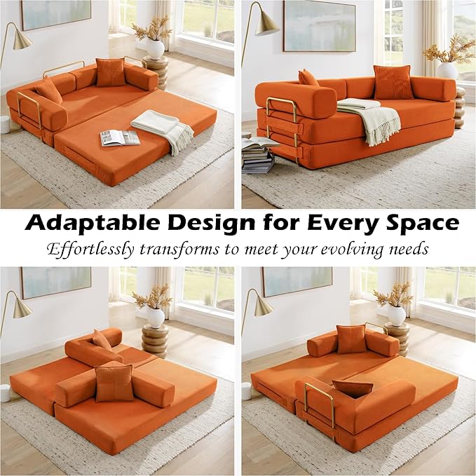 Convertible Couch Sofa Bed Foldable Floor Sleeper | Modern Fold Out Deep Seat Couch | Removable Backrest & Armrests | No Assembly Compression Sofa Sleeper for Living Room, Bedroom | Orange Corduroy