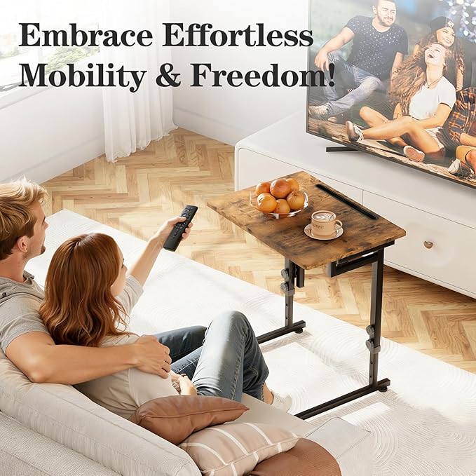 Katrawu Folding TV Tray Dinner Table for Living Room,Adjustable Height Tv Tray,Portable Dinner Snack Trays Table,Small Foldable C-Shaped End Table for Eating with No Assembly Required (Brown)