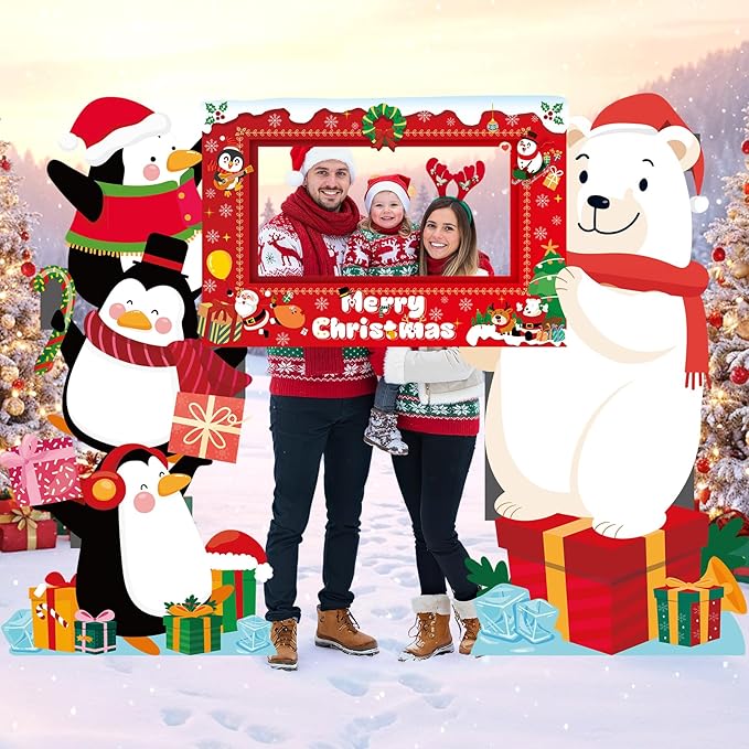 Christmas Photo Booth Props Selfie Frame Banner Polar Bear Penguin Xmas Backdrop for Christmas Xmas Winter Holiday Party N...