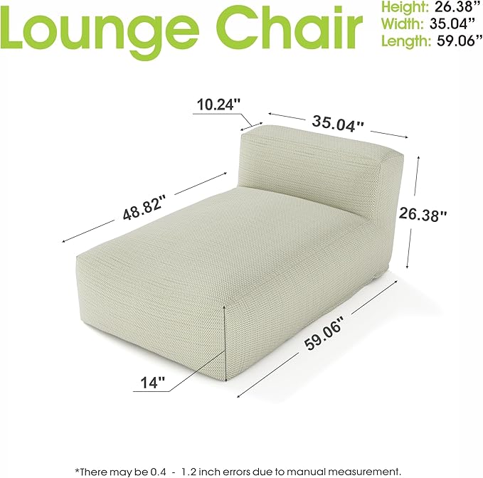 OPEAK Outdoor Bean Bed Chair Sun Lounger, Outdoor Couch Sofa for Patio & Pool, Foam Filling Day Bed Furniture, Comfy Lazy Sofa for Outside, Water-Resistant Seating Lounge Chair, Light Green
