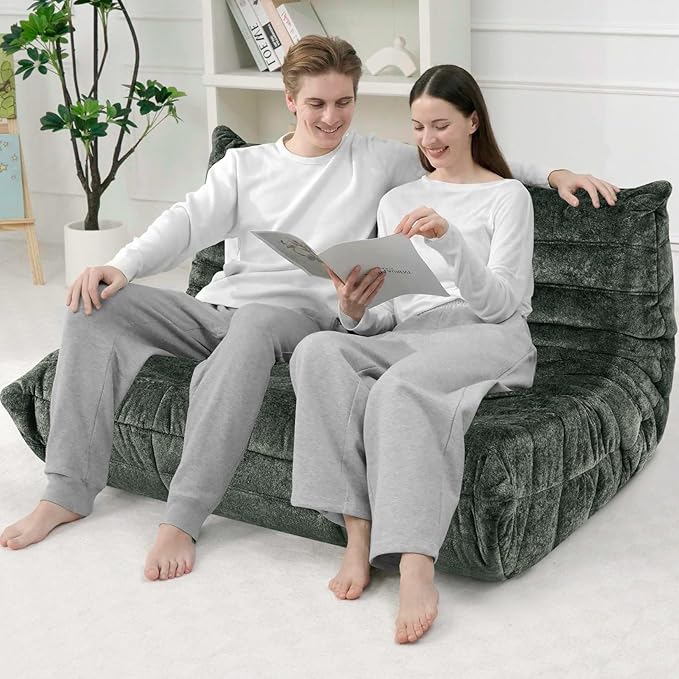 HABUTWAY Bean Bag Chair, Giant Bean Bag Chairs for Adults, Loveseat Fireside Chair, 2 Seater Lazy Bean Bag Sofa Memory Foam Couch for Living Room, Bedroom, Office (Green)