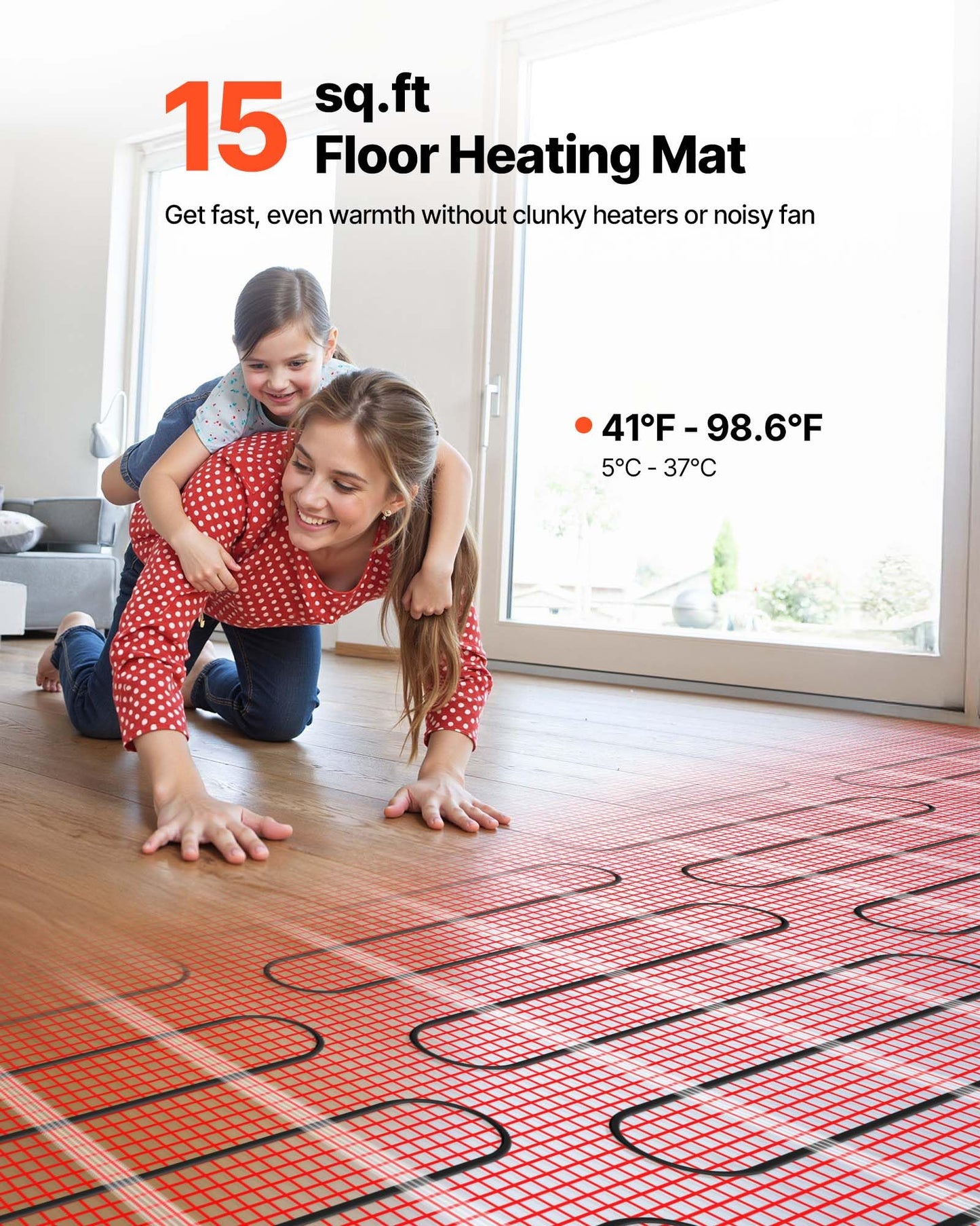 VEVOR Self-Adhesive Mesh Floor Heating Mat, 15 sqft 120V, Smart Thermostat & Alarm, Easy Install for Tile, Stone & Vinyl Flooring