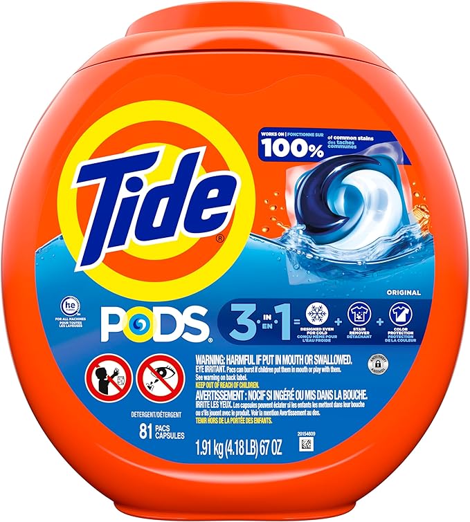 Tide PODS laundry detergent pacs, 3-in-1 Stain Remover, Odor Fighter, Color Protector, 81 Count, HE compatible, Original Scent