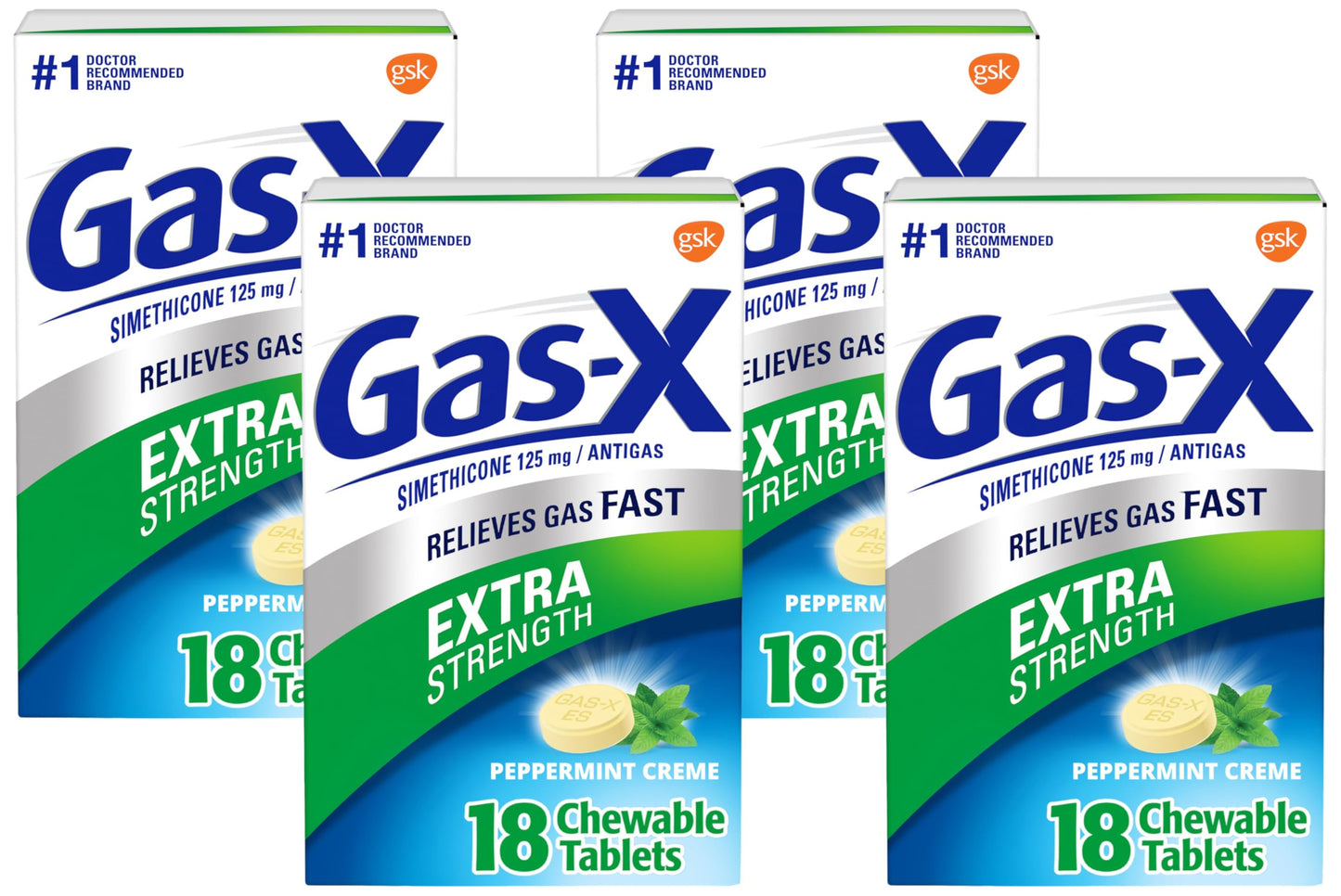 Gas-X Extra Strength Chewable Gas Relief Tablets with Simethicone 125 mg, Peppermint Creme - 18 Count (Pack of 4)