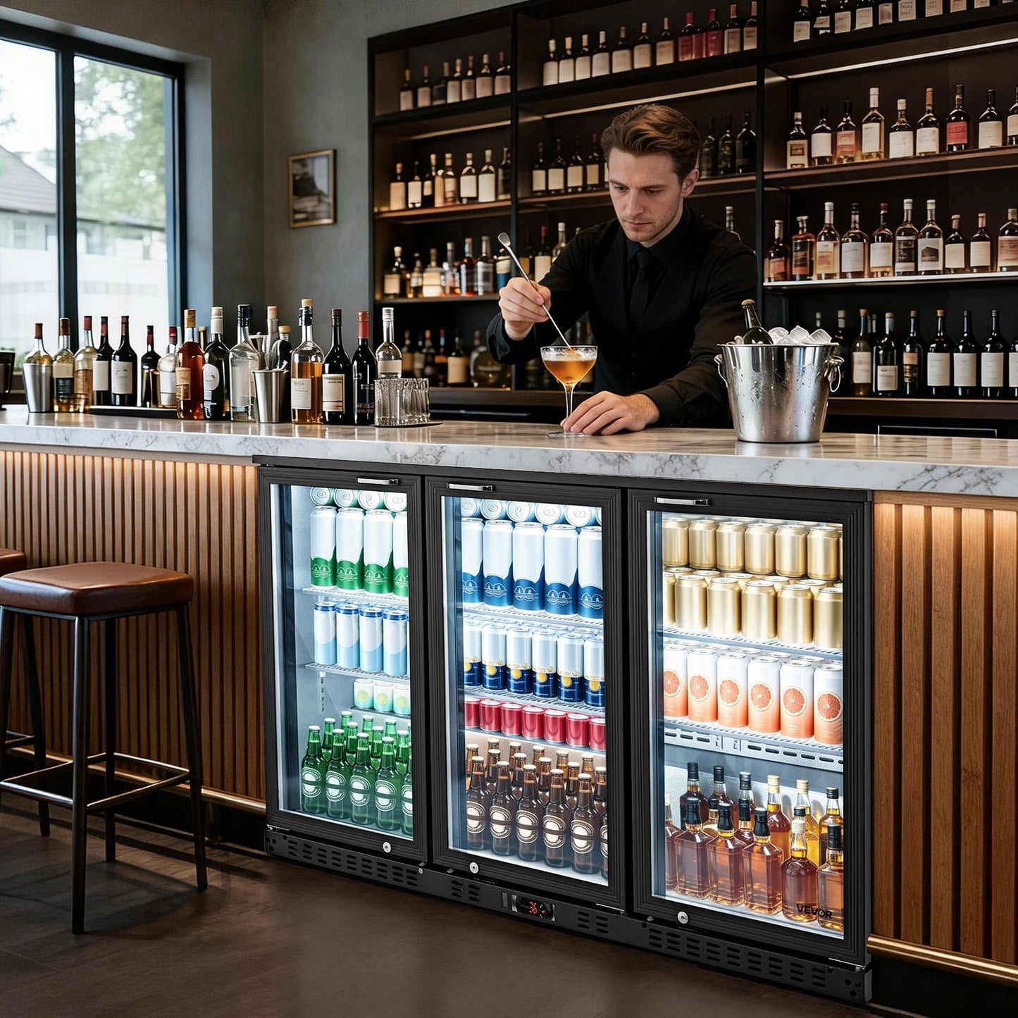 VEVOR Back Bar Cooler, 11.4 Cu.Ft Commercial Beverage Refrigerator with 3 Glass Door, Large Under Counter Fridge w/LED Lighting, Shelf, Low-E Glass Display Cooler for Store, Lobby, Restaurant, Pub