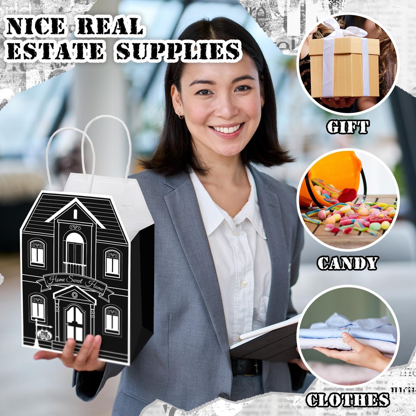 Colarr 50 Pcs House Shaped Gift Bag Real Estate Agent Supplies Real Estate Treat Bag with Handles Kraft for Home Party Gift Shopping Business New Home Buyers Agent Supplies(Black)