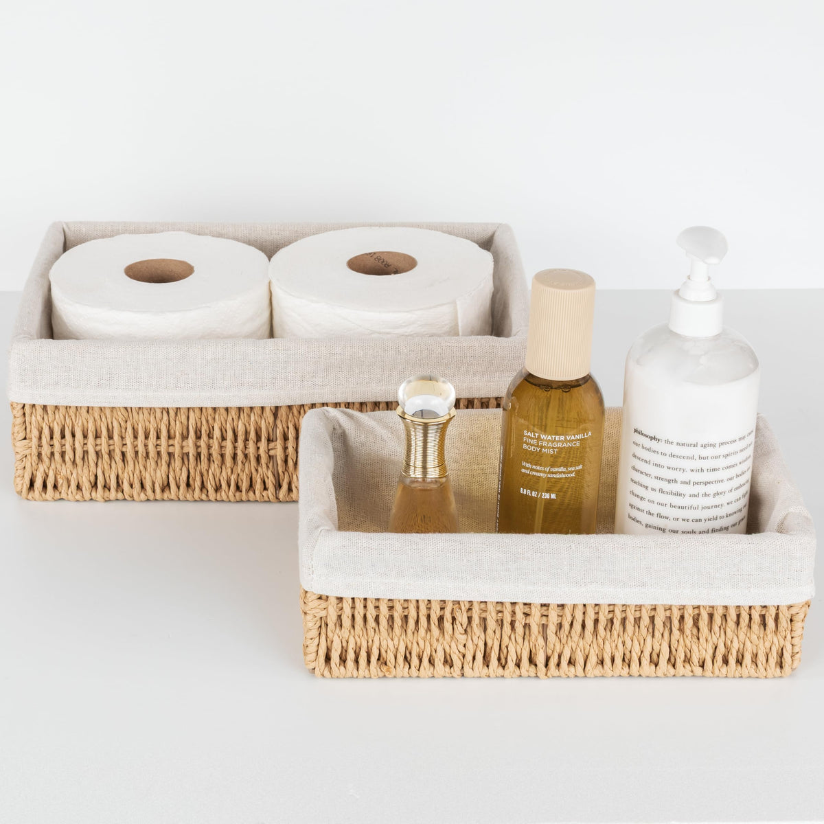 KIBAGA Beautiful Toilet Paper Storage Basket Set of 2 – Decorative Wicker Bathroom Organizer for Toilet Tank Trays - Quality Holder Bin For Shelves Fits Perfectly With Any Bathroom Decor