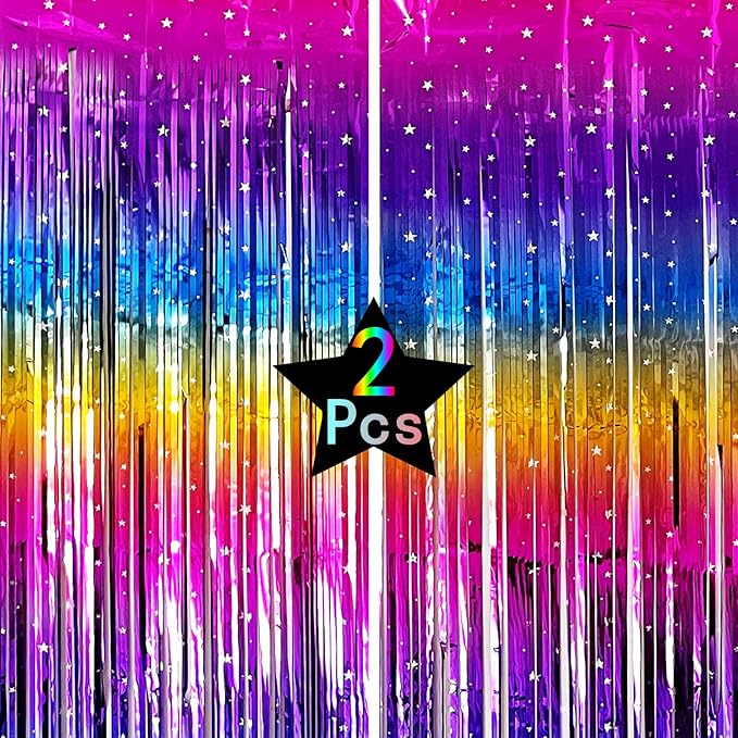 Sparkly Neon Rainbow Foil Fringe Curtain Backdrop Metallic Streamers Photo Booth Props for Birthday Bachelorette Gay Pride...