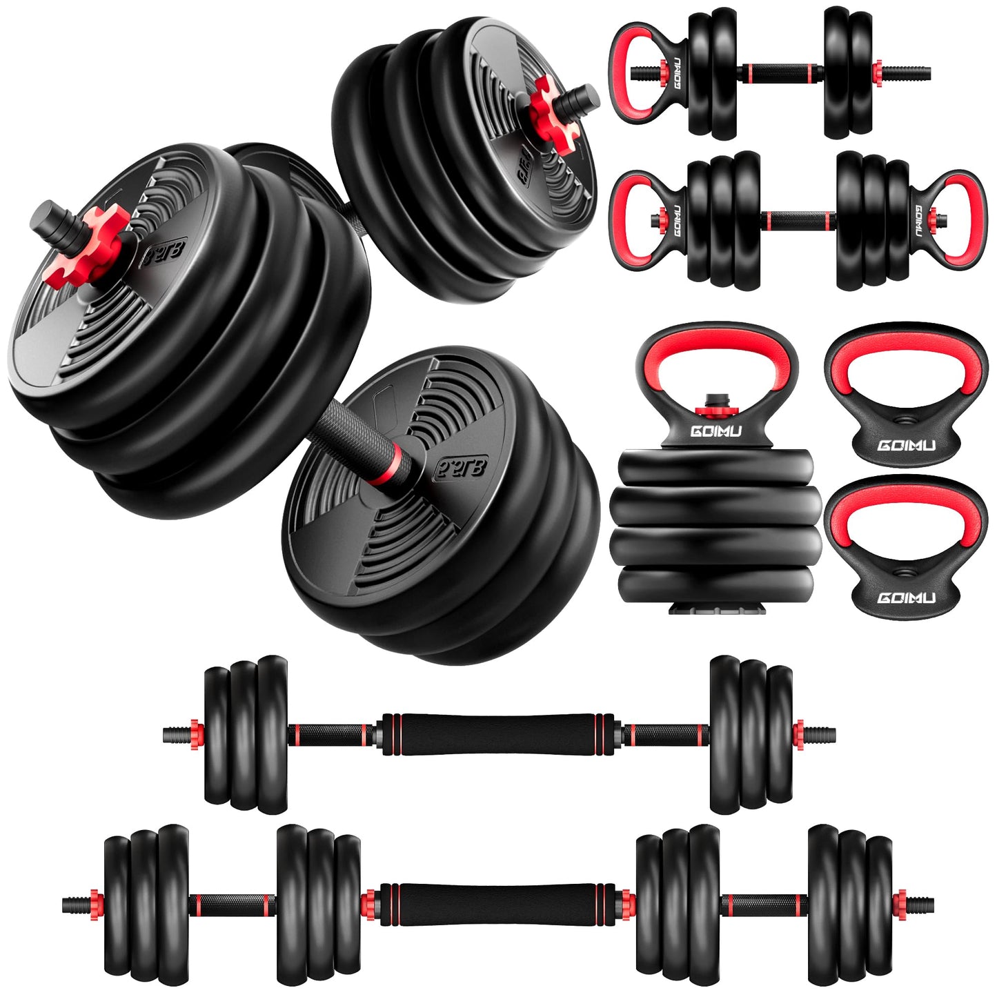 Adjustable Dumbbells, GOIMU 32/54/76/94LBS Free Weight Set, 4 in 1 Dumbbell Set Used as Barbell, Kettlebell, Push Up Stand, Fitness Exercise for Home Gym Suitable Men/Women(76LB)