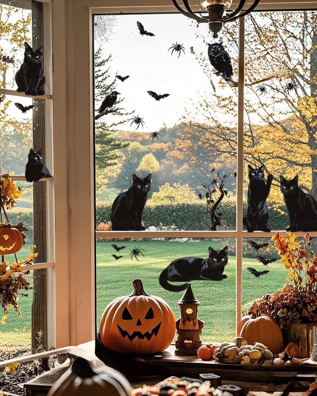 ALKB Halloween Window Clings Stickers - Halloween Window Decorations with Scary Spider Web Black Bat & Cat, Reuseable Double Sided Halloweens Static Clings for Home Decals