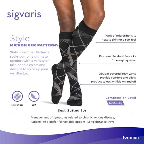 Sigvaris Men’s Style Microfiber Patterns 830 Closed Toe Calf-High Socks 20-30mmHg - Graphit - Chevron Medium Short