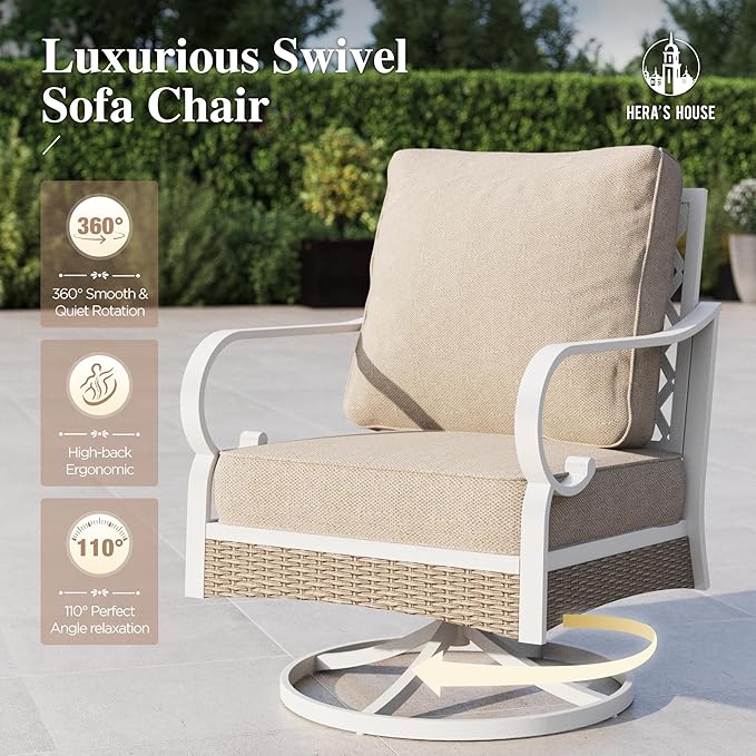 HERA'S HOUSE 4-Piece Patio Furniture Set with Metal & Rattan Design, Includes 2 Swivel Chairs, 3-Seat Sofa & Marble Coffee Table, All-Weather Outdoor Conversation Set for Garden Backyard, Beige