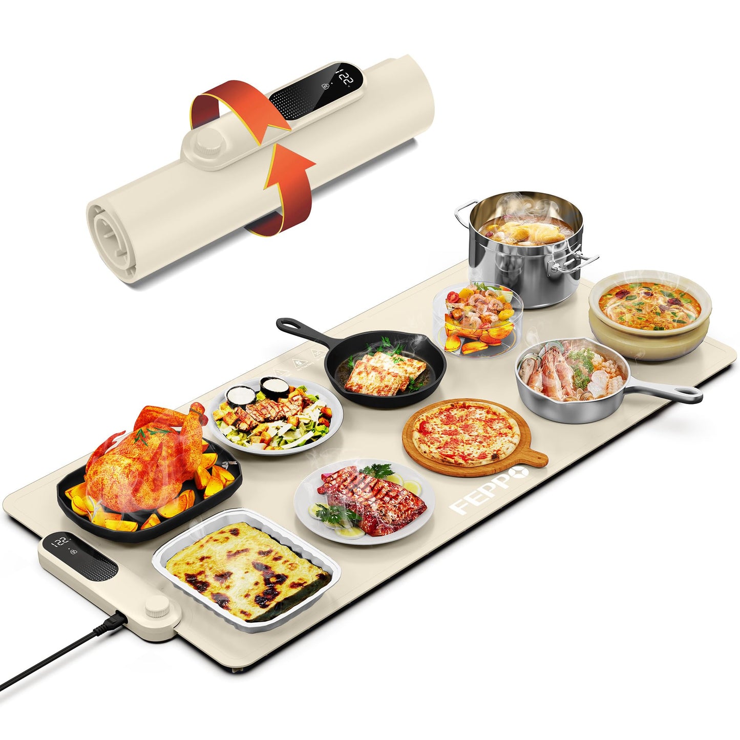FEPPO Food Warming Mat, (XXL 35”x16”) Electric Warming Trays for Buffets Party, Fast Full-Surface Heating Mat for Food with 19 Level Adjustable Temperature and 6 Hours Timer, Roll Up Food Warmer