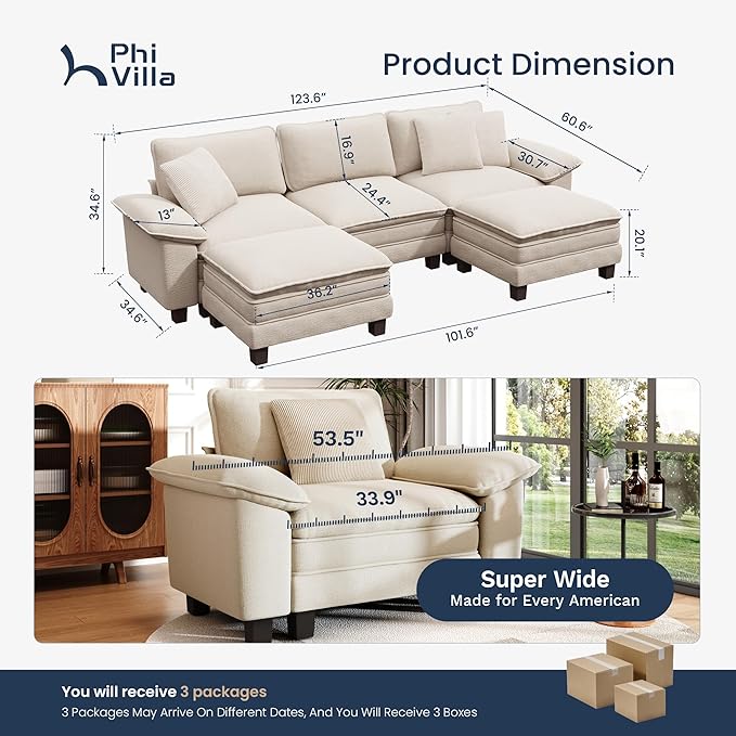 PHI VILLA Cloud Modular Couch Sets, 123.6" Sectional Sofa with U-Shaped Chaise, 5-Seater Couches with 2 Movable Ottomans for Living Room, Chenille Fabric, Beige