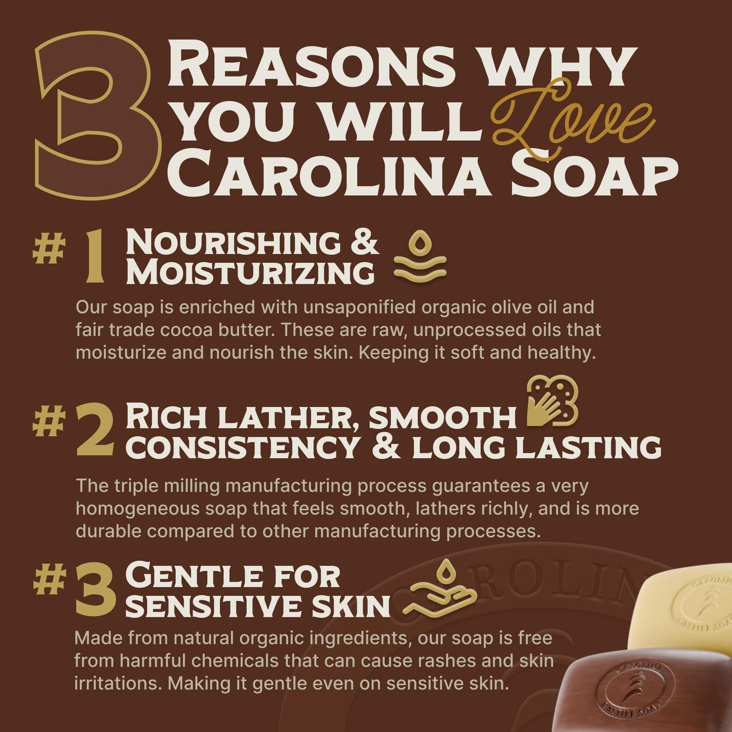 Carolina Castile Soap Vegan Unscented Castile Bar Soap - 3 Bars of Natural Soap for Men, Women, and Kids - Gentle, Hydrating Cas